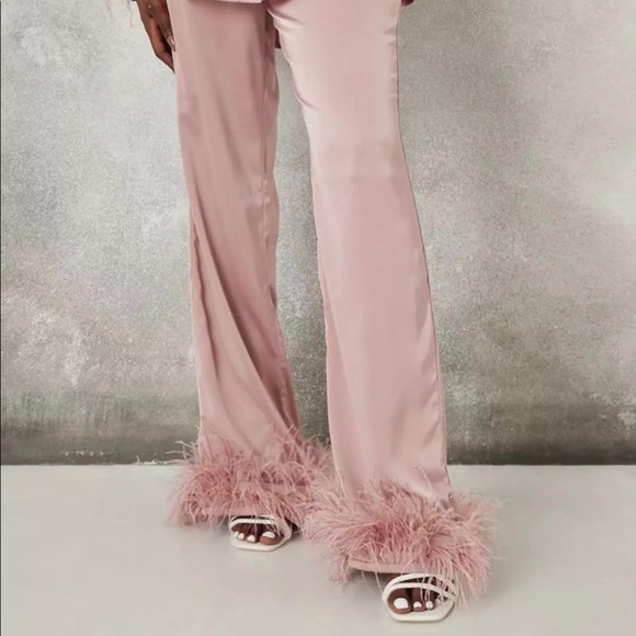 Missguided blush satin feather trim pants size 14 - Picture 2 of 5